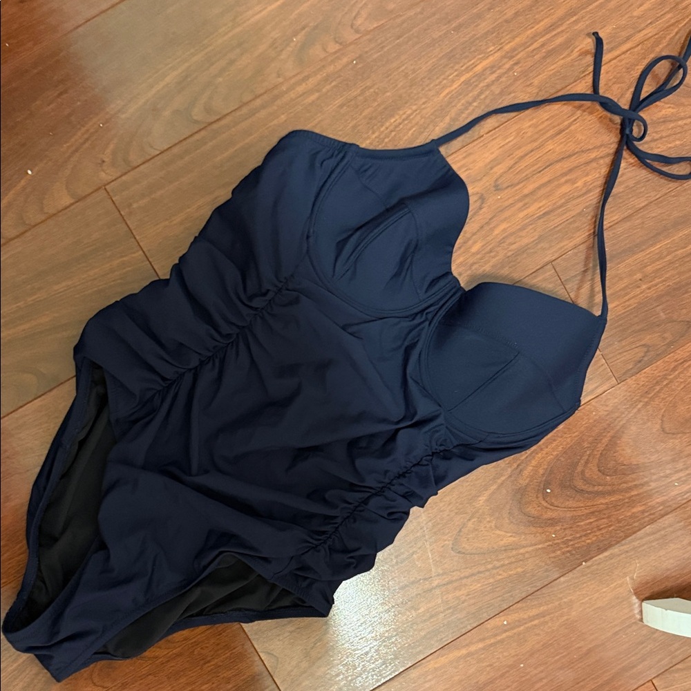 J. Crew Dark Blue Ruched Side Halter One Piece Swimsuit Molded Cups